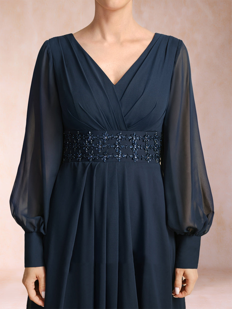 A-Linie/Princess-Linie V-Ausschnitt Lange Ärmel Kleider für die Brautmutter mit Strass und Rüschen