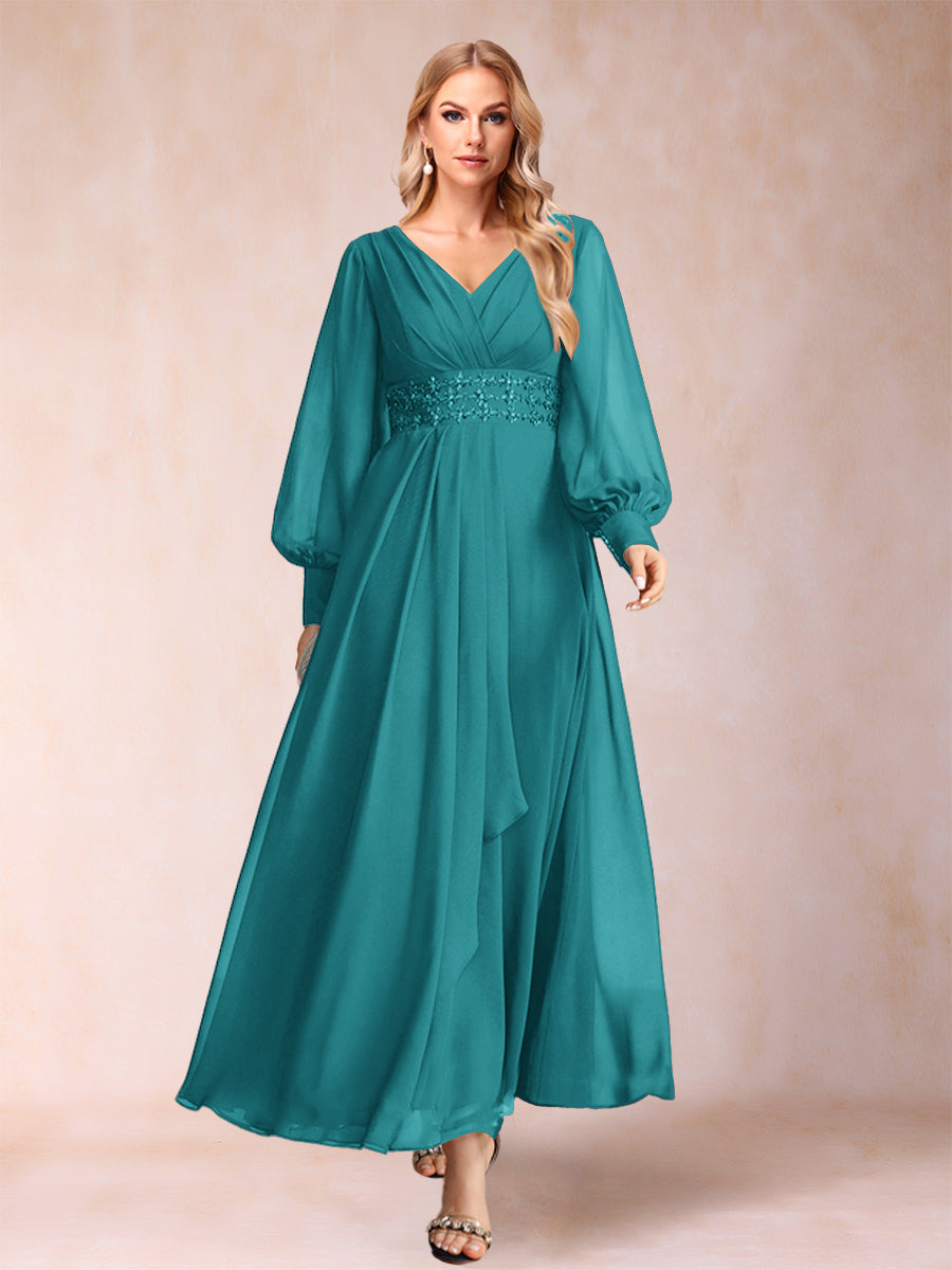 A-Linie/Princess-Linie V-Ausschnitt Lange Ärmel Kleider für die Brautmutter mit Strass und Rüschen