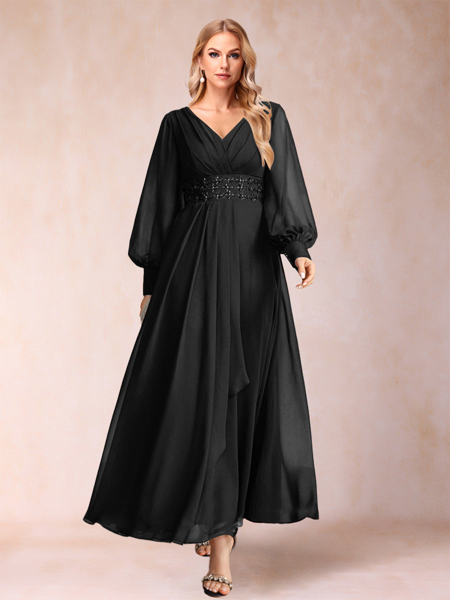 A-Linie/Princess-Linie V-Ausschnitt Lange Ärmel Kleider für die Brautmutter mit Strass und Rüschen