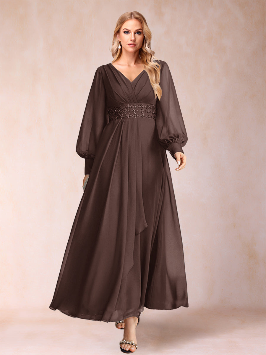 A-Linie/Princess-Linie V-Ausschnitt Lange Ärmel Kleider für die Brautmutter mit Strass und Rüschen