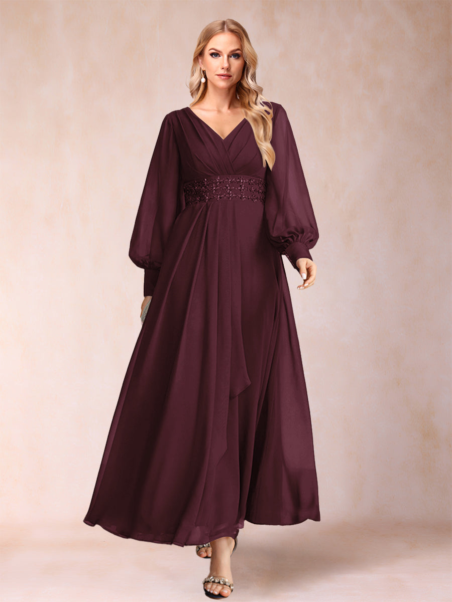 A-Linie/Princess-Linie V-Ausschnitt Lange Ärmel Kleider für die Brautmutter mit Strass und Rüschen
