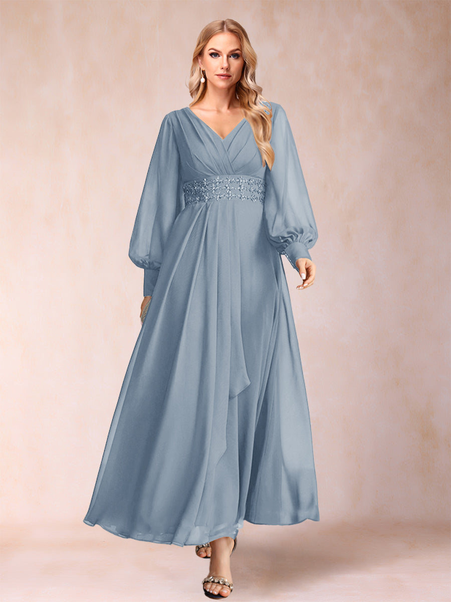 A-Linie/Princess-Linie V-Ausschnitt Lange Ärmel Kleider für die Brautmutter mit Strass und Rüschen