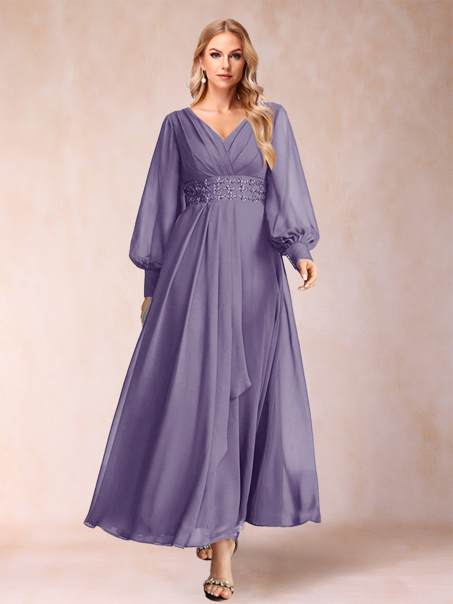 A-Linie/Princess-Linie V-Ausschnitt Lange Ärmel Kleider für die Brautmutter mit Strass und Rüschen