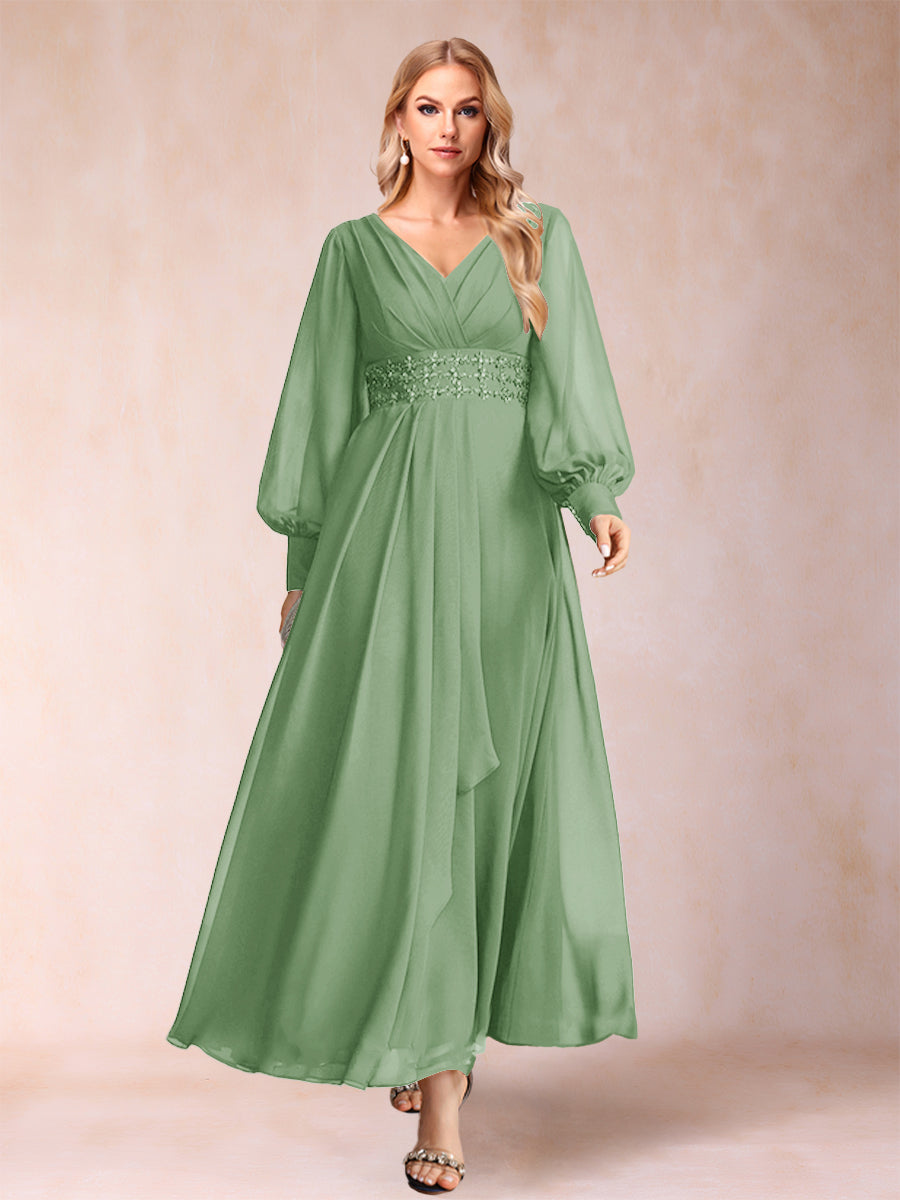 A-Linie/Princess-Linie V-Ausschnitt Lange Ärmel Kleider für die Brautmutter mit Strass und Rüschen