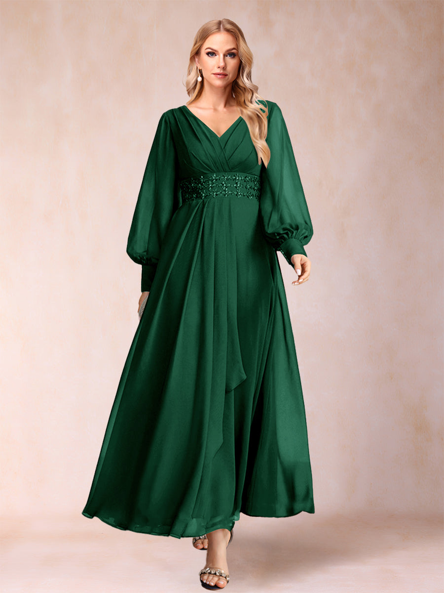 A-Linie/Princess-Linie V-Ausschnitt Lange Ärmel Kleider für die Brautmutter mit Strass und Rüschen