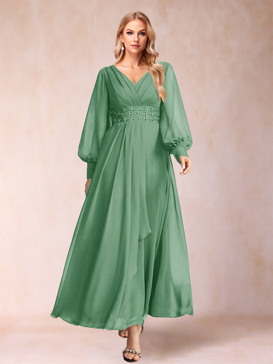 A-Linie/Princess-Linie V-Ausschnitt Lange Ärmel Kleider für die Brautmutter mit Strass und Rüschen