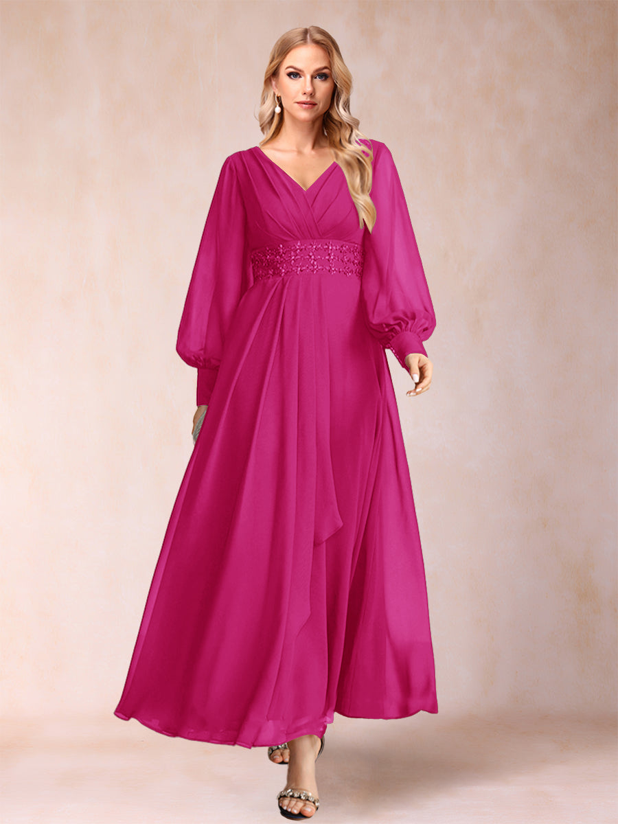 A-Linie/Princess-Linie V-Ausschnitt Lange Ärmel Kleider für die Brautmutter mit Strass und Rüschen