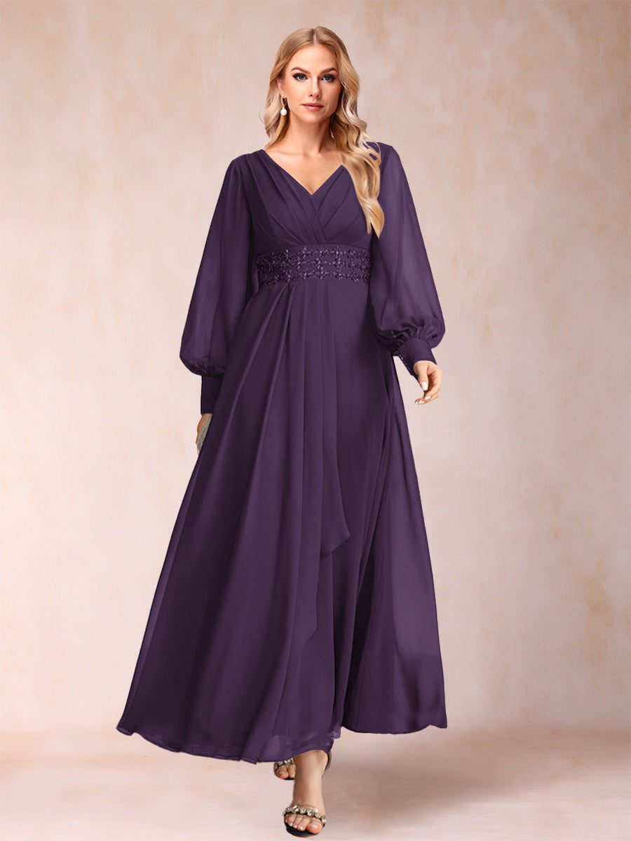 A-Linie/Princess-Linie V-Ausschnitt Lange Ärmel Kleider für die Brautmutter mit Strass und Rüschen