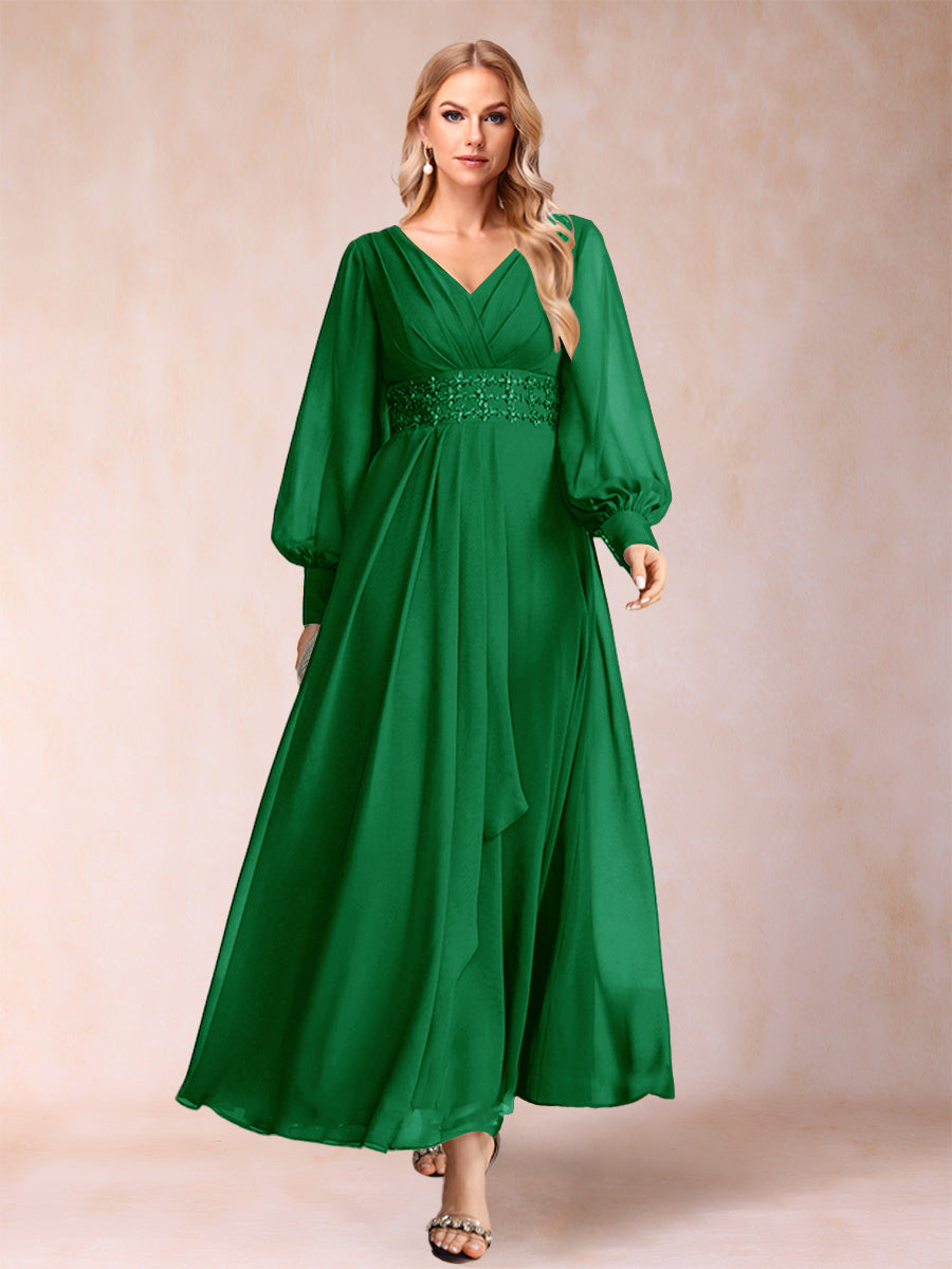 A-Linie/Princess-Linie V-Ausschnitt Lange Ärmel Kleider für die Brautmutter mit Strass und Rüschen