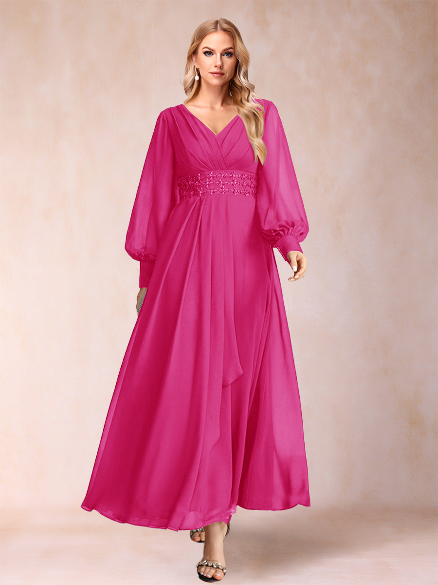 A-Linie/Princess-Linie V-Ausschnitt Lange Ärmel Kleider für die Brautmutter mit Strass und Rüschen