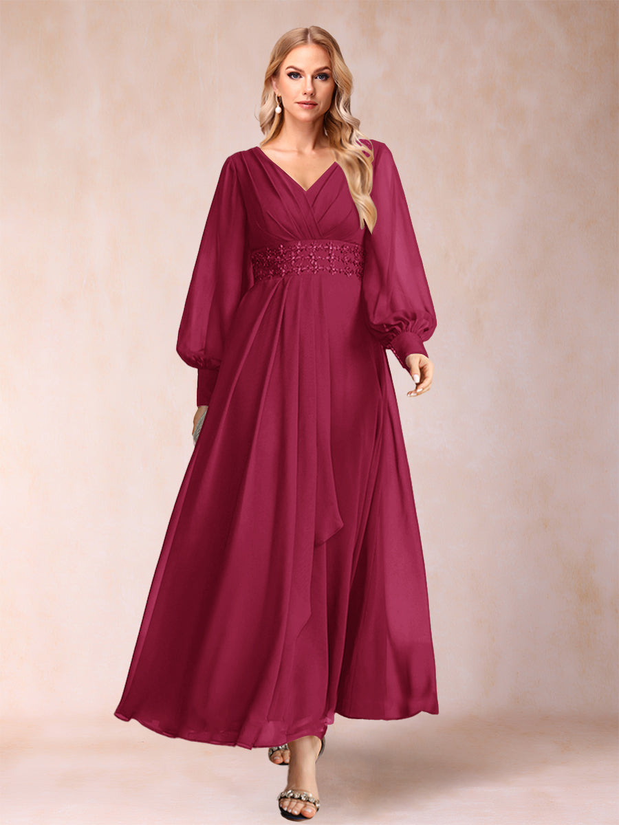 A-Linie/Princess-Linie V-Ausschnitt Lange Ärmel Kleider für die Brautmutter mit Strass und Rüschen