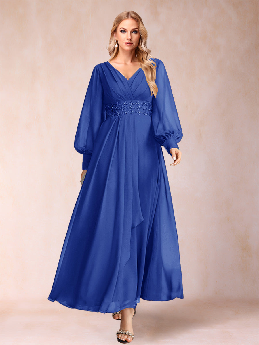 A-Linie/Princess-Linie V-Ausschnitt Lange Ärmel Kleider für die Brautmutter mit Strass und Rüschen