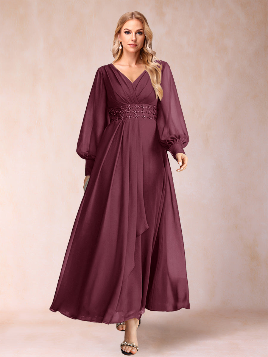 A-Linie/Princess-Linie V-Ausschnitt Lange Ärmel Kleider für die Brautmutter mit Strass und Rüschen