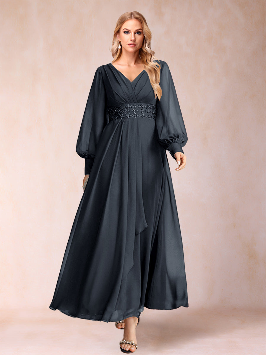 A-Linie/Princess-Linie V-Ausschnitt Lange Ärmel Kleider für die Brautmutter mit Strass und Rüschen