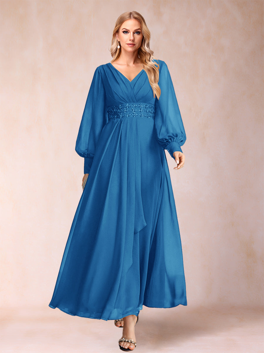 A-Linie/Princess-Linie V-Ausschnitt Lange Ärmel Kleider für die Brautmutter mit Strass und Rüschen