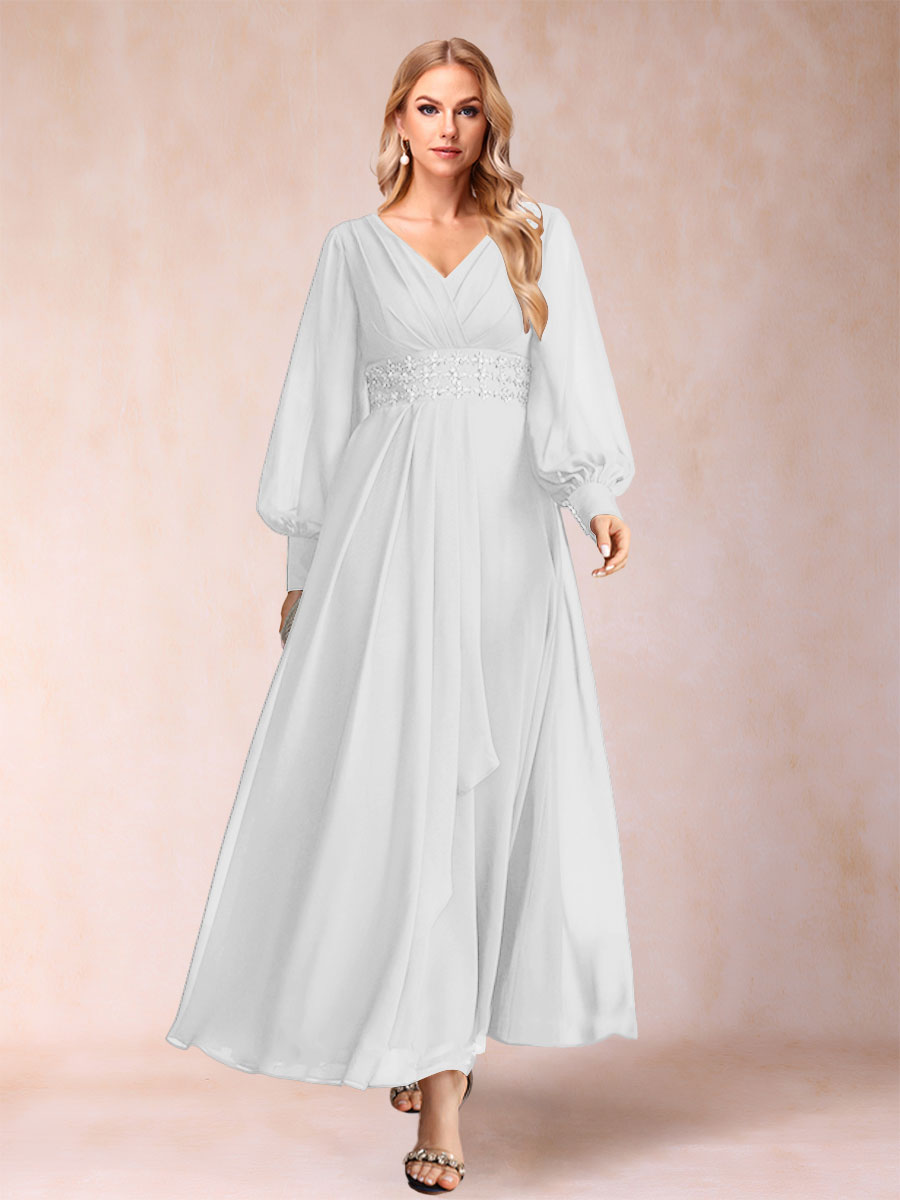 A-Linie/Princess-Linie V-Ausschnitt Lange Ärmel Kleider für die Brautmutter mit Strass und Rüschen