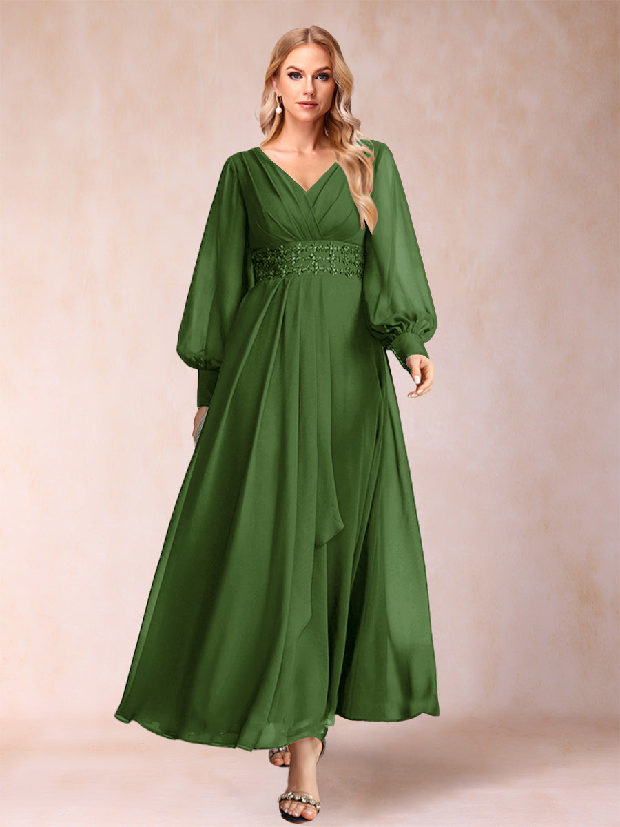 A-Linie/Princess-Linie V-Ausschnitt Lange Ärmel Kleider für die Brautmutter mit Strass und Rüschen