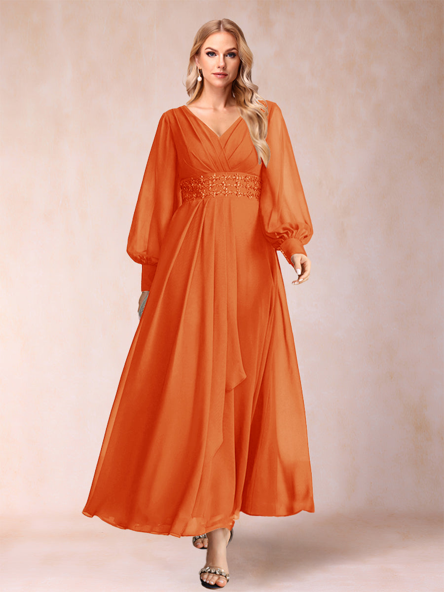 A-Linie/Princess-Linie V-Ausschnitt Lange Ärmel Kleider für die Brautmutter mit Strass und Rüschen