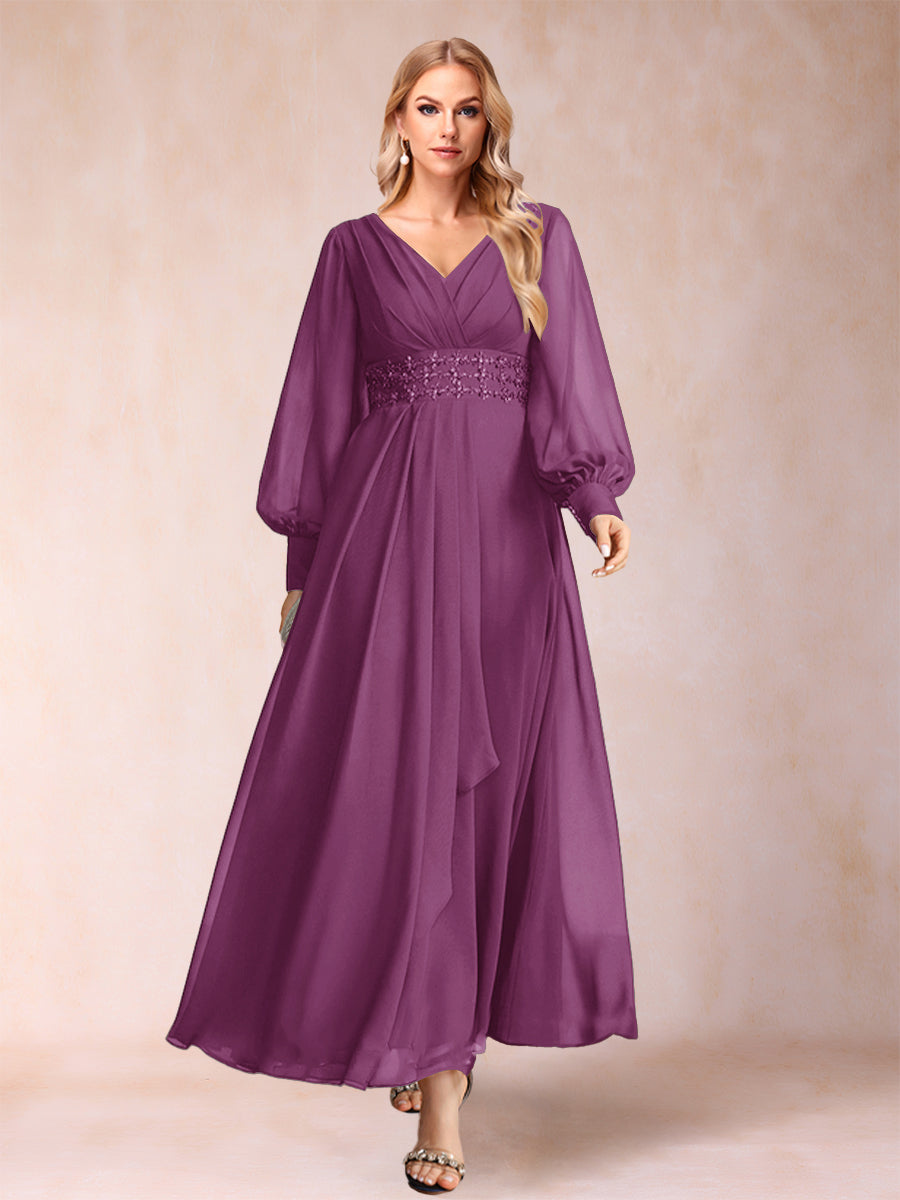 A-Linie/Princess-Linie V-Ausschnitt Lange Ärmel Kleider für die Brautmutter mit Strass und Rüschen