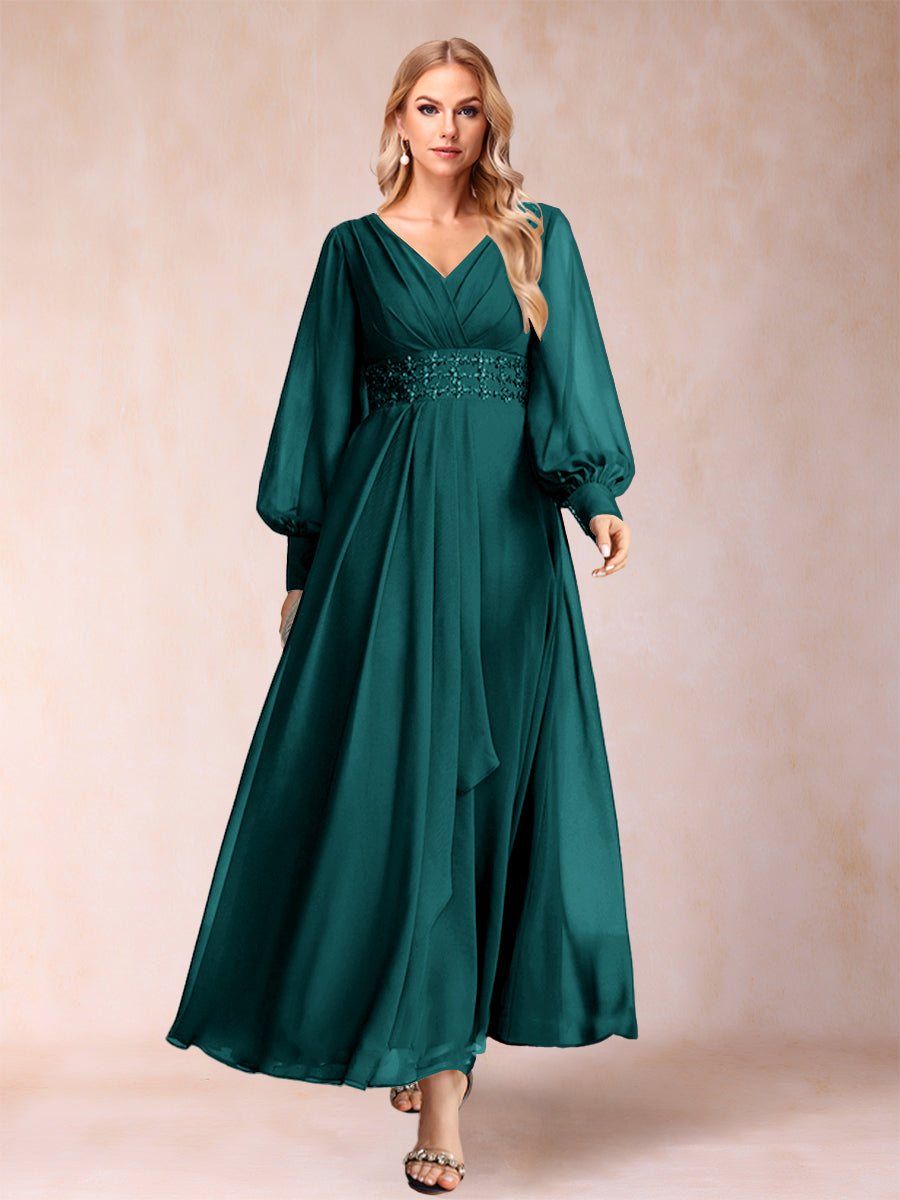 A-Linie/Princess-Linie V-Ausschnitt Lange Ärmel Kleider für die Brautmutter mit Strass und Rüschen