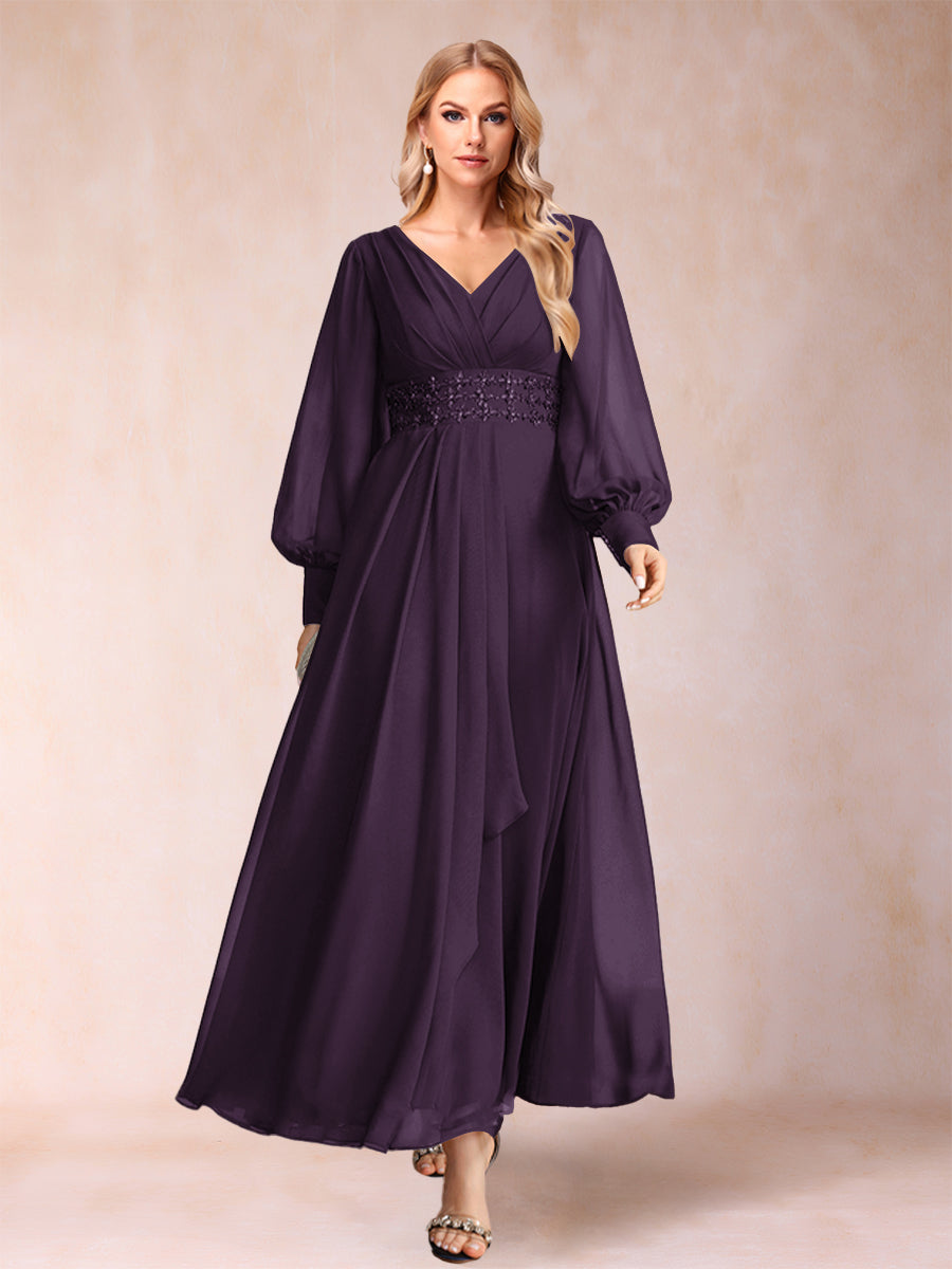 A-Linie/Princess-Linie V-Ausschnitt Lange Ärmel Kleider für die Brautmutter mit Strass und Rüschen