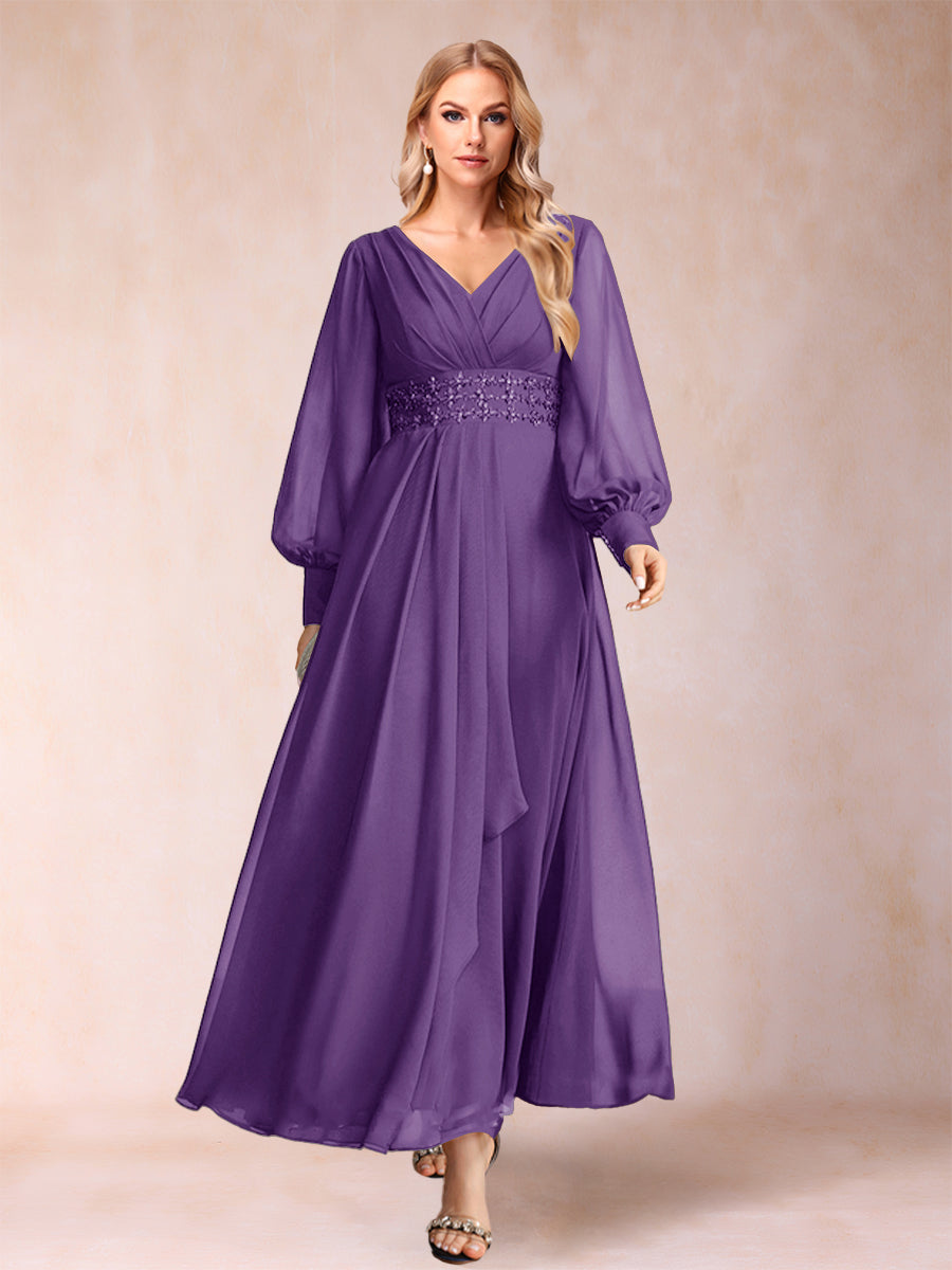 A-Linie/Princess-Linie V-Ausschnitt Lange Ärmel Kleider für die Brautmutter mit Strass und Rüschen
