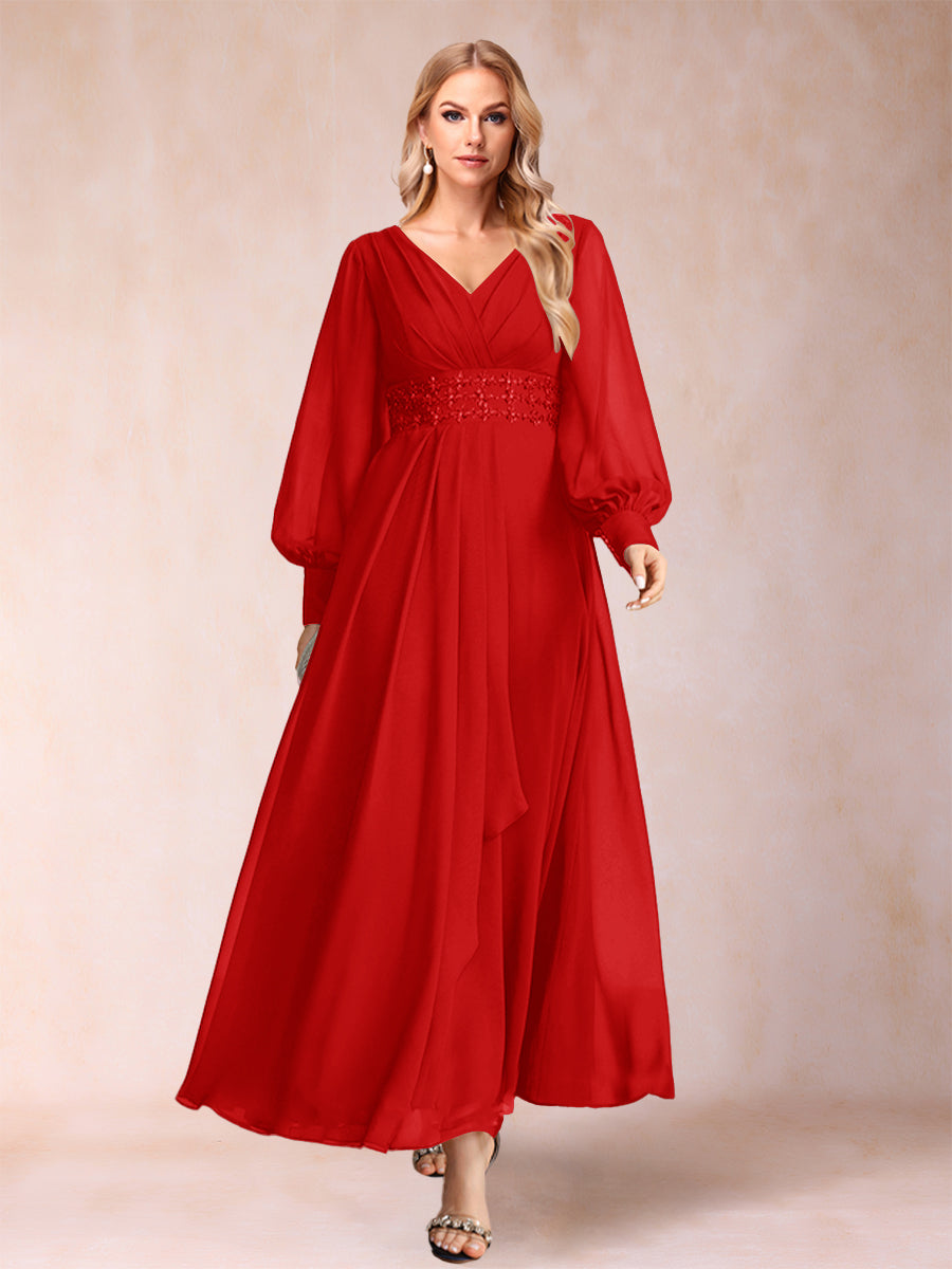 A-Linie/Princess-Linie V-Ausschnitt Lange Ärmel Kleider für die Brautmutter mit Strass und Rüschen