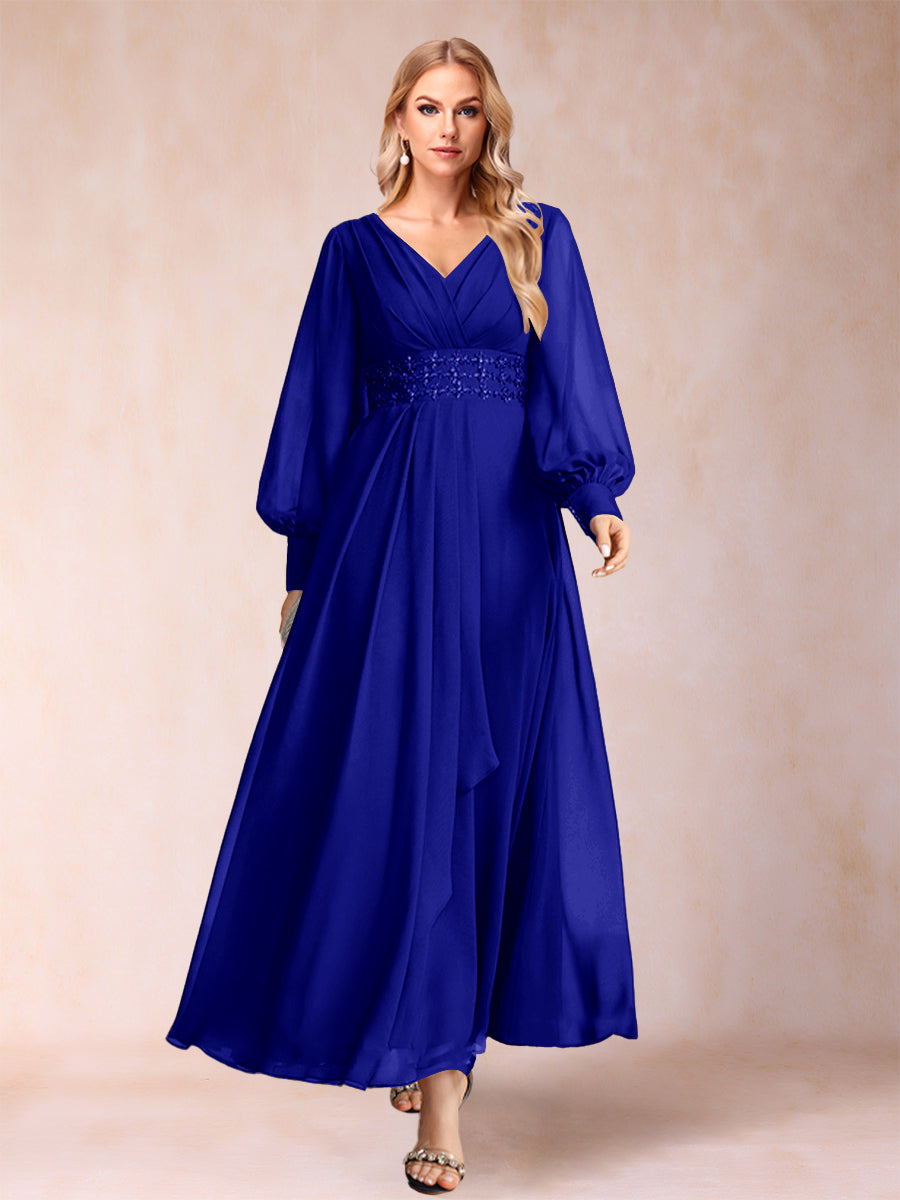 A-Linie/Princess-Linie V-Ausschnitt Lange Ärmel Kleider für die Brautmutter mit Strass und Rüschen