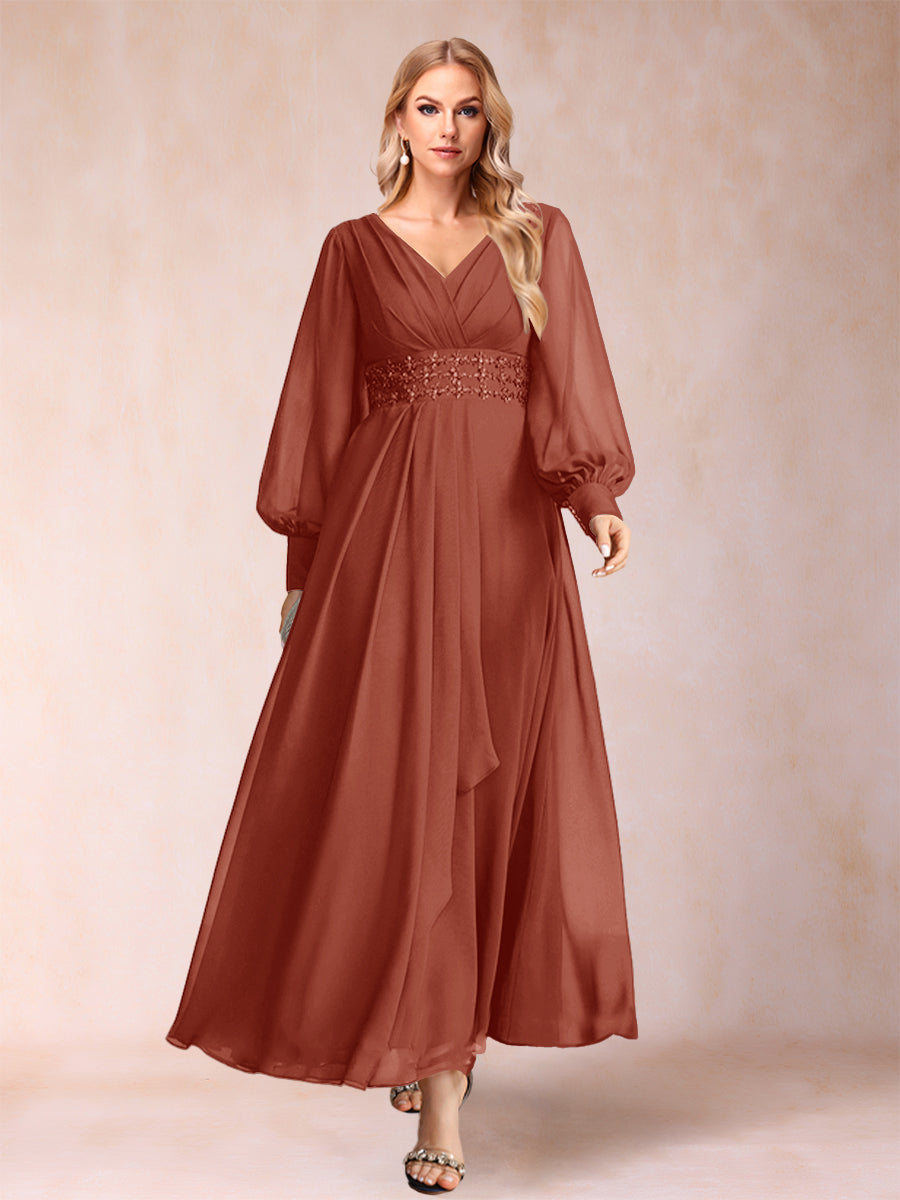 A-Linie/Princess-Linie V-Ausschnitt Lange Ärmel Kleider für die Brautmutter mit Strass und Rüschen
