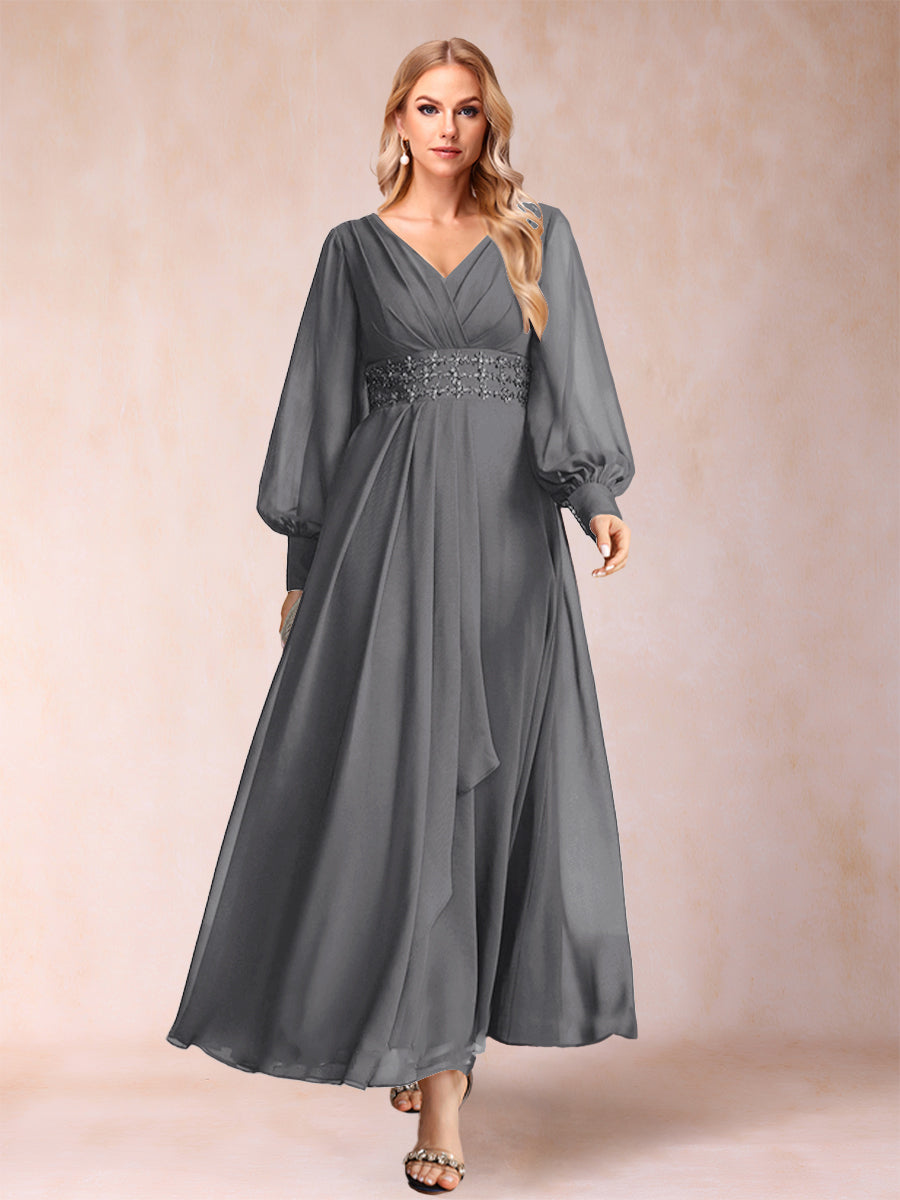 A-Linie/Princess-Linie V-Ausschnitt Lange Ärmel Kleider für die Brautmutter mit Strass und Rüschen