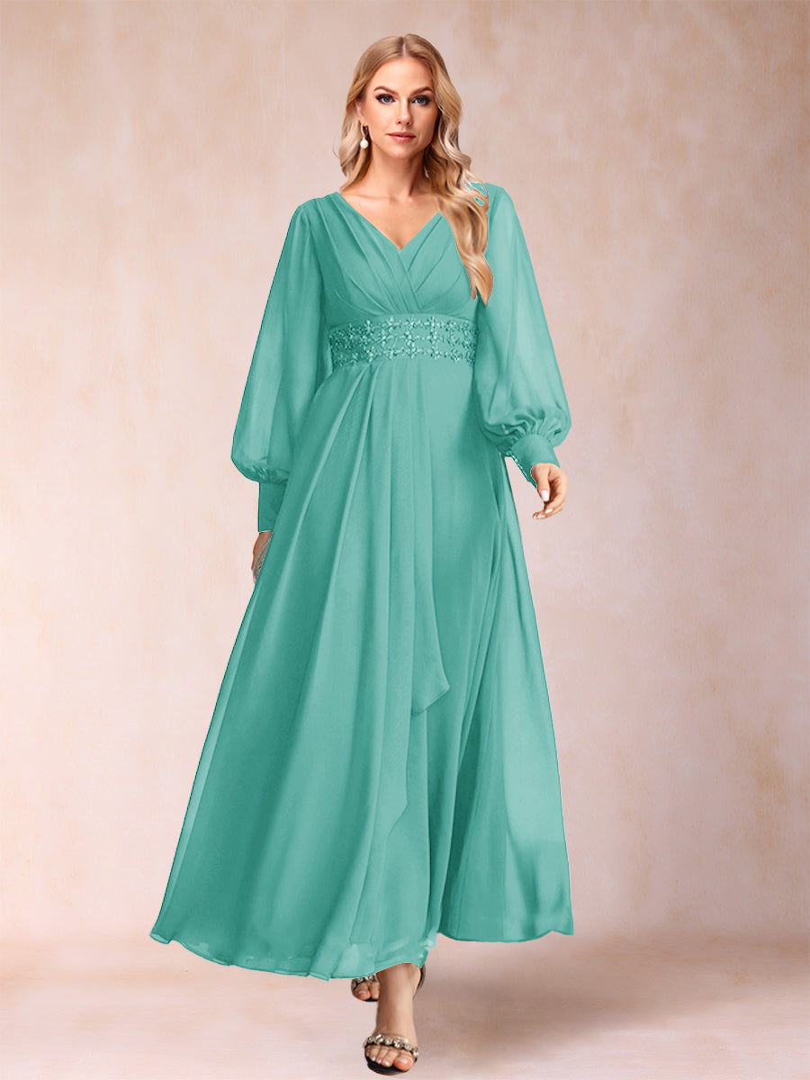 A-Linie/Princess-Linie V-Ausschnitt Lange Ärmel Kleider für die Brautmutter mit Strass und Rüschen