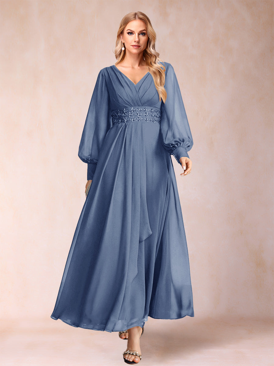 A-Linie/Princess-Linie V-Ausschnitt Lange Ärmel Kleider für die Brautmutter mit Strass und Rüschen