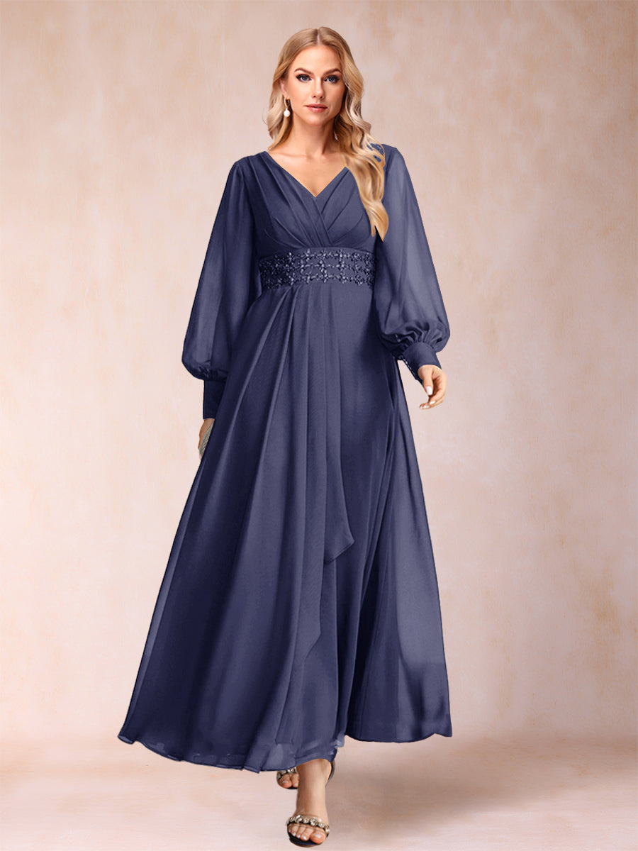 A-Linie/Princess-Linie V-Ausschnitt Lange Ärmel Kleider für die Brautmutter mit Strass und Rüschen