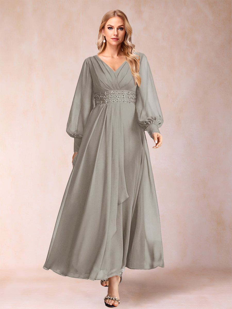 A-Linie/Princess-Linie V-Ausschnitt Lange Ärmel Kleider für die Brautmutter mit Strass und Rüschen