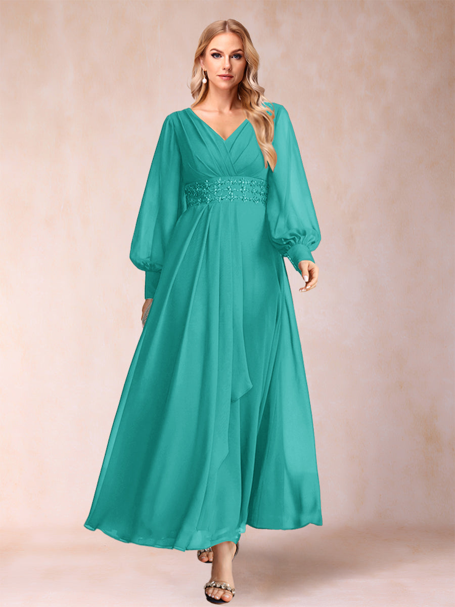 A-Linie/Princess-Linie V-Ausschnitt Lange Ärmel Kleider für die Brautmutter mit Strass und Rüschen