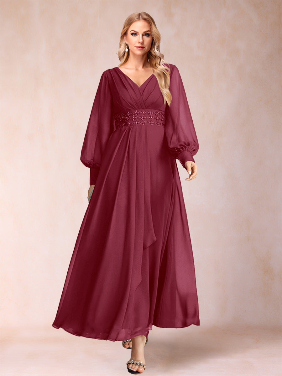 A-Linie/Princess-Linie V-Ausschnitt Lange Ärmel Kleider für die Brautmutter mit Strass und Rüschen