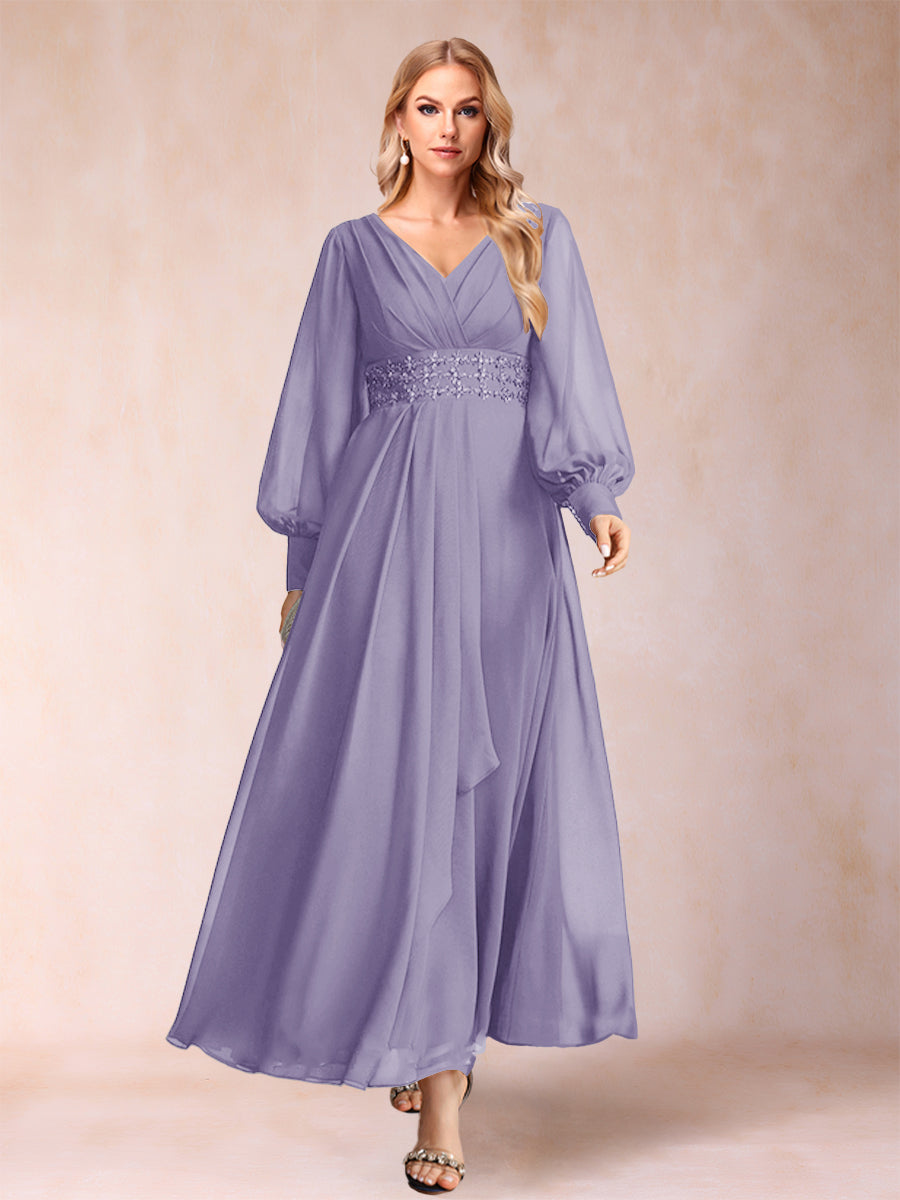 A-Linie/Princess-Linie V-Ausschnitt Lange Ärmel Kleider für die Brautmutter mit Strass und Rüschen