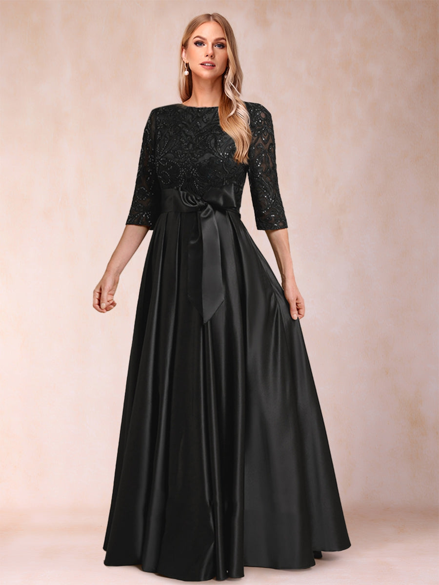 A-Linie/Princess-Linie U-Ausschnitt Halbarm Satin Kleider für die Brautmutter mit Applikationen und Schleife