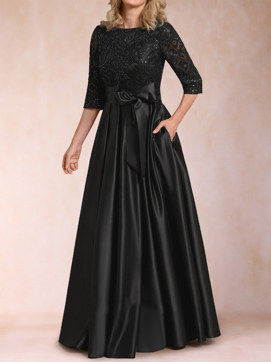 A-Linie/Princess-Linie U-Ausschnitt Halbarm Satin Kleider für die Brautmutter mit Applikationen und Schleife