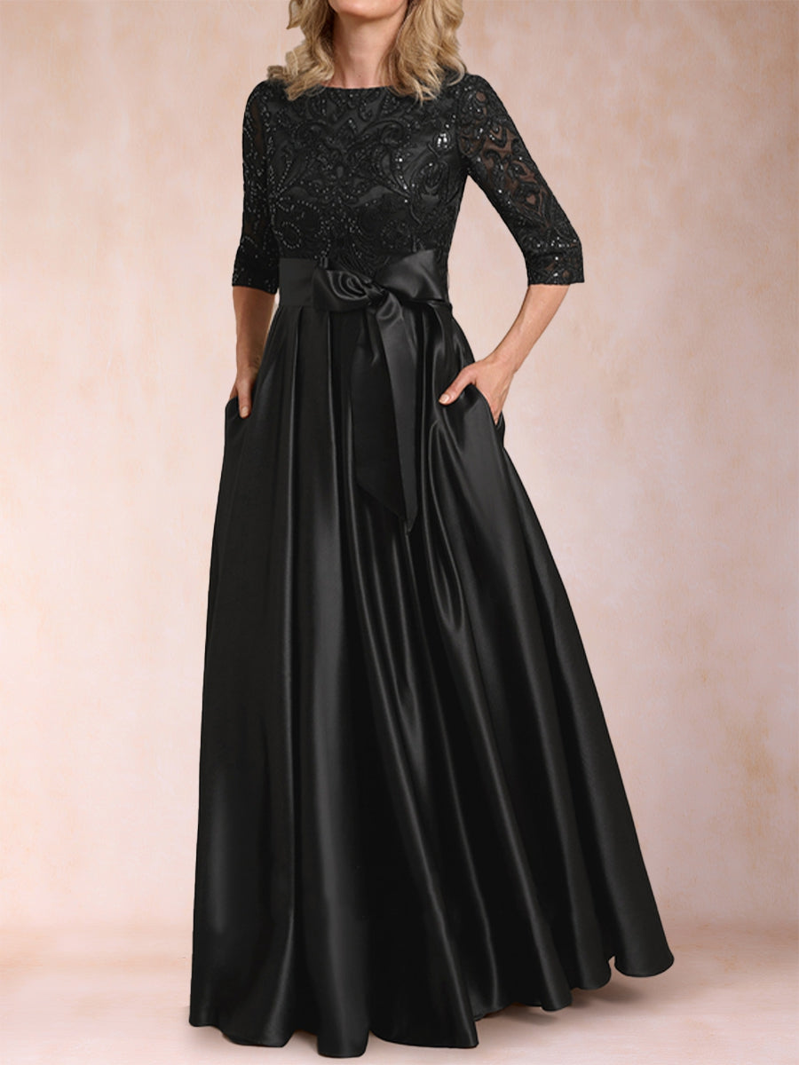 A-Linie/Princess-Linie U-Ausschnitt Halbarm Satin Kleider für die Brautmutter mit Applikationen und Schleife