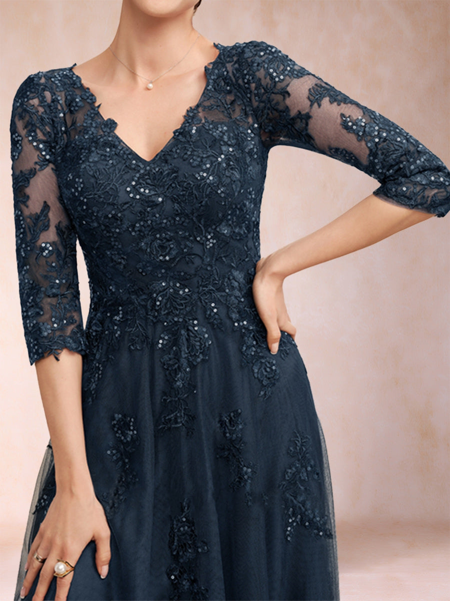 A-Linie/Princess-Linie V-Ausschnitt 3/4-Ärmel Tüll Kleider für die Brautmutter mit Applikationen und Pailletten