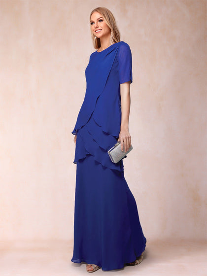 Etui-Linie/Säule U-Ausschnitt Kurze Ärmel Chiffon Kleider für die Brautmutter mit Rüschen