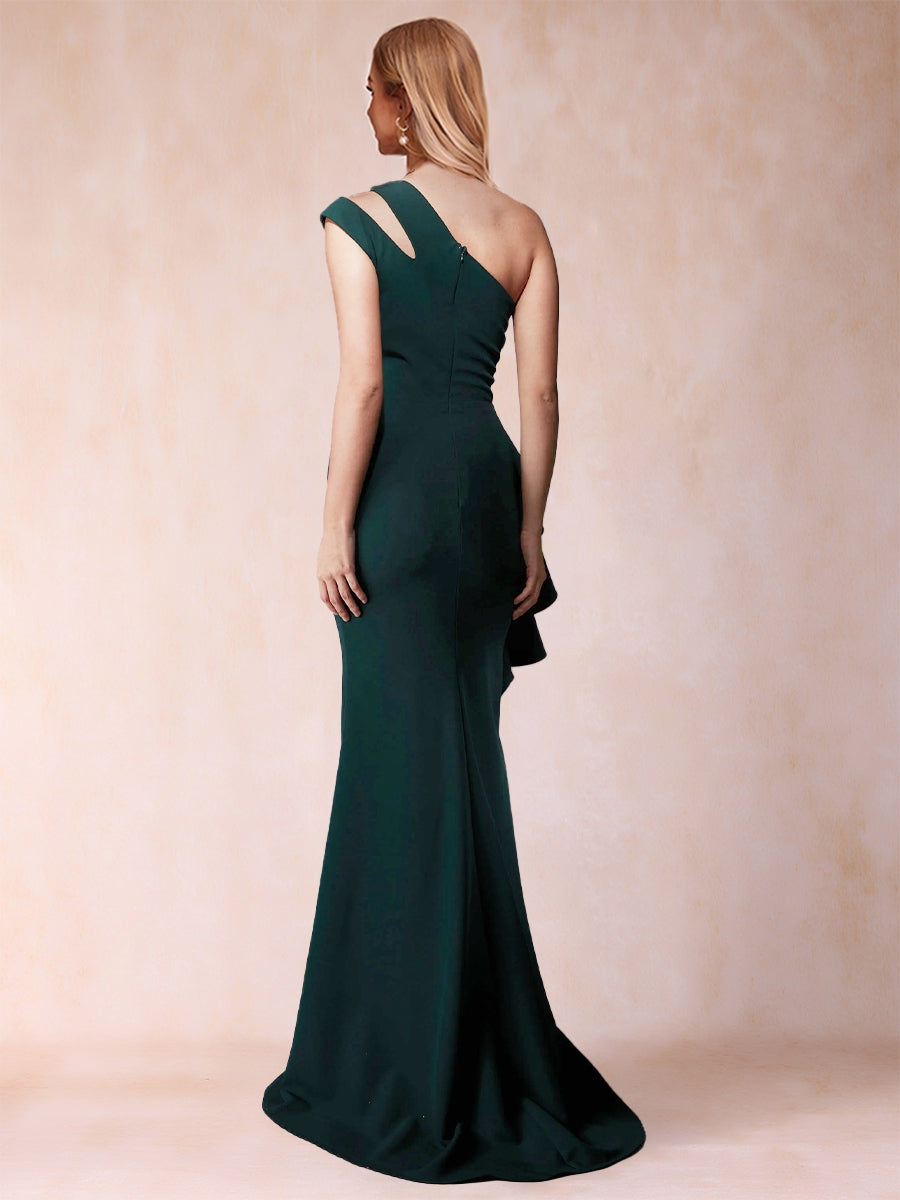 Etui-/Säulen-Kleid mit einer Schulter, ärmellos, gerüscht, Kleider für die Brautmutter mit Rüschen