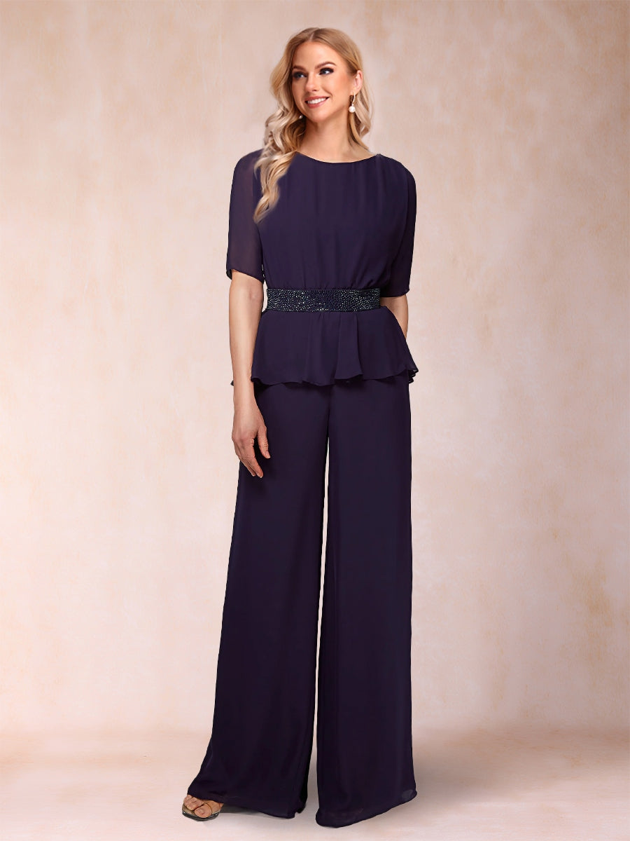 2-teiliger Hosenanzug aus Chiffon mit U-Ausschnitt und halblangen Ärmeln und Strassgürtel