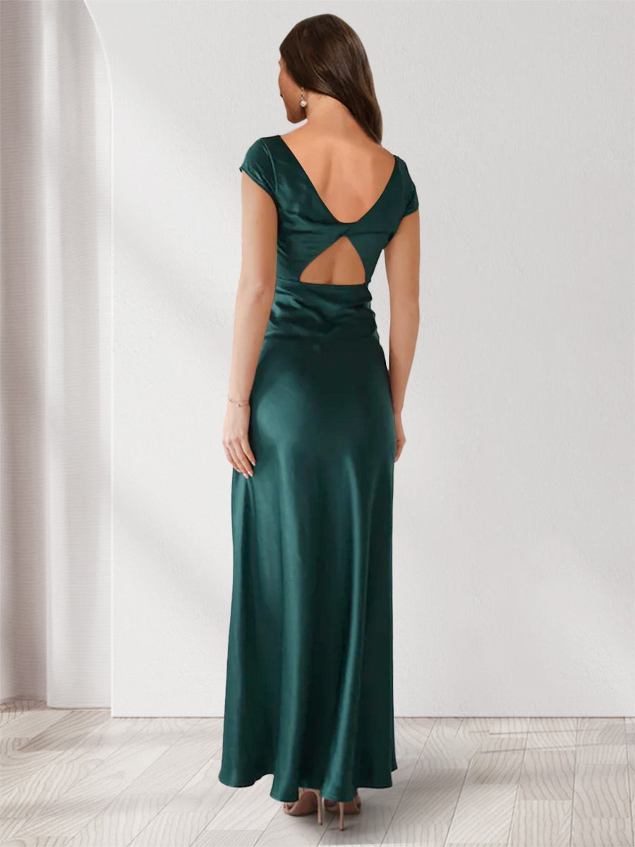 Etui-/Säulen-Abendkleider mit Wasserfallausschnitt, kurzen Ärmeln und knöchellangen Abendkleidern mit Schlitz an der Seite