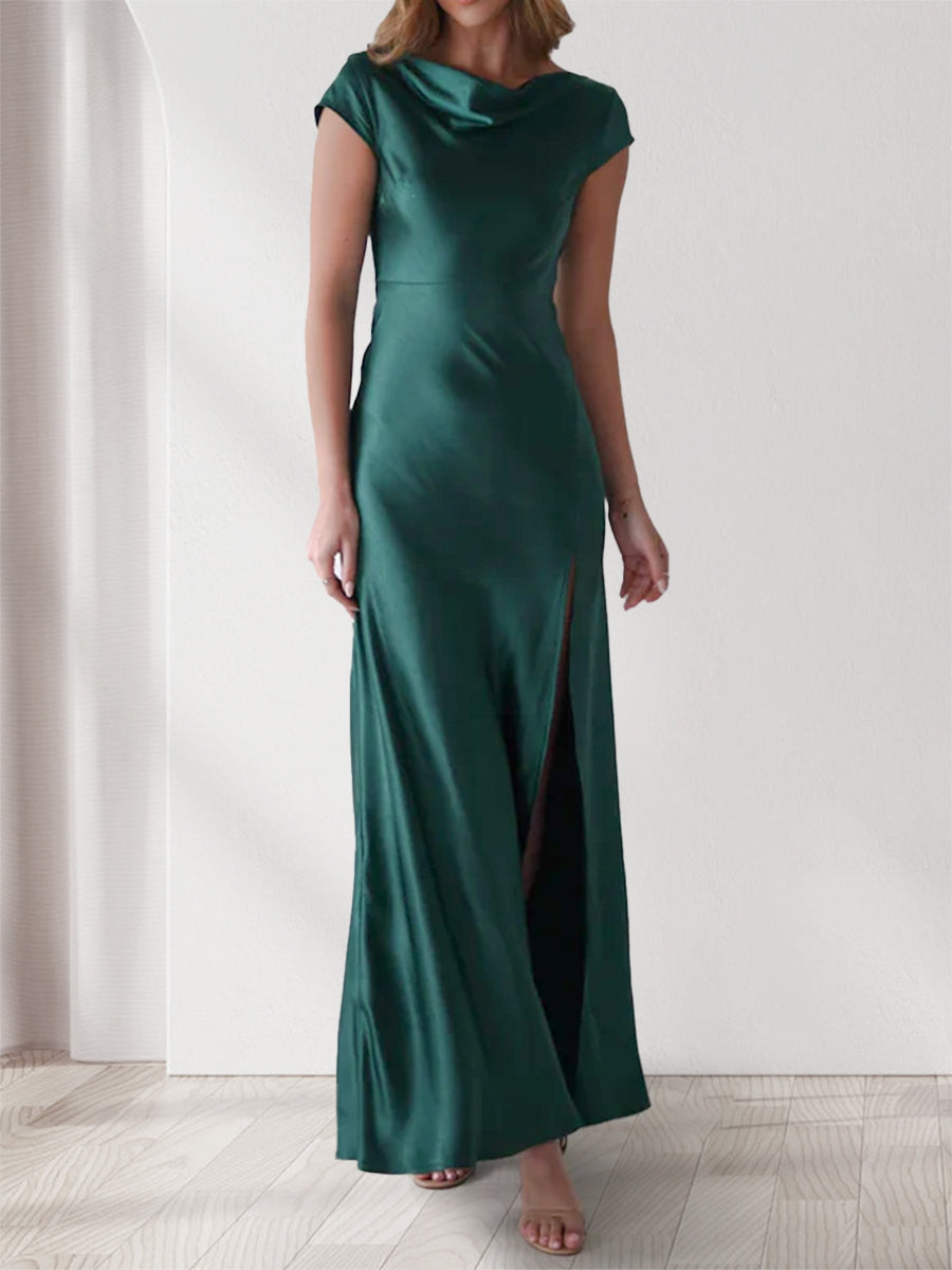 Etui-/Säulen-Abendkleider mit Wasserfallausschnitt, kurzen Ärmeln und knöchellangen Abendkleidern mit Schlitz an der Seite