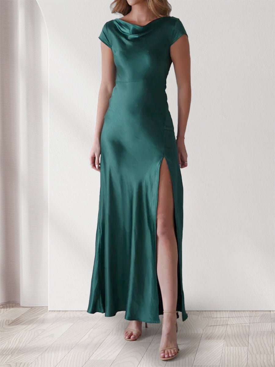 Etui-/Säulen-Abendkleider mit Wasserfallausschnitt, kurzen Ärmeln und knöchellangen Abendkleidern mit Schlitz an der Seite