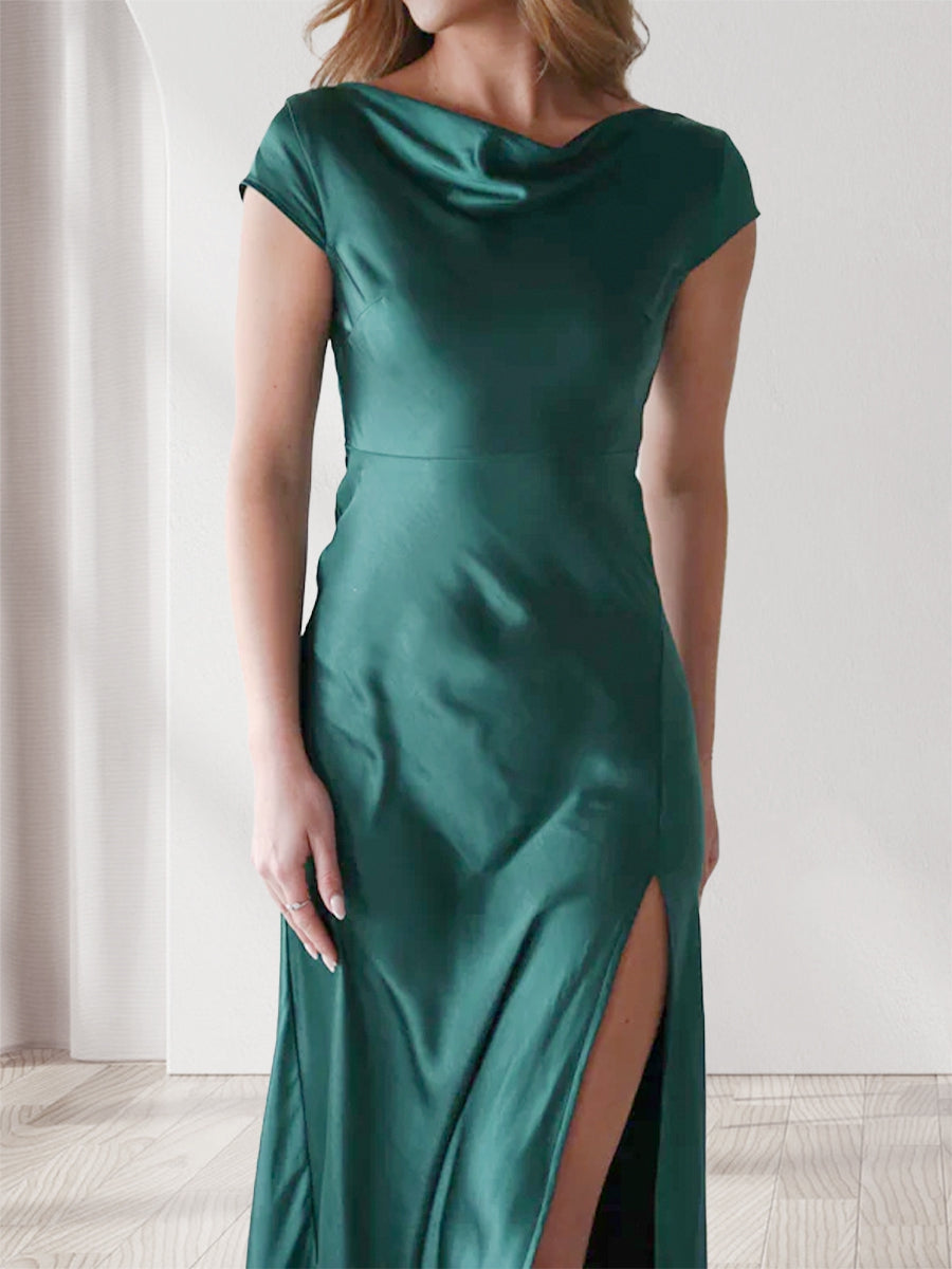 Etui-/Säulen-Abendkleider mit Wasserfallausschnitt, kurzen Ärmeln und knöchellangen Abendkleidern mit Schlitz an der Seite