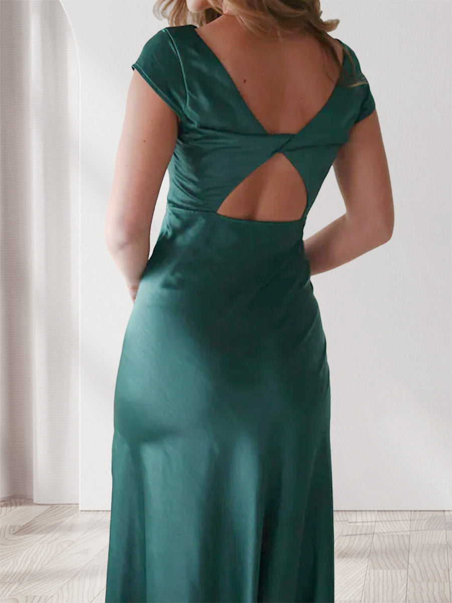 Etui-/Säulen-Abendkleider mit Wasserfallausschnitt, kurzen Ärmeln und knöchellangen Abendkleidern mit Schlitz an der Seite