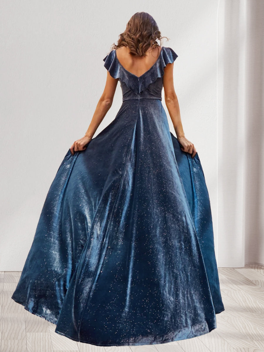 A-Linie/Princess-Linie V-Ausschnitt Geraffte bodenlange Abendkleider aus Samt mit Schlitz an der Seite